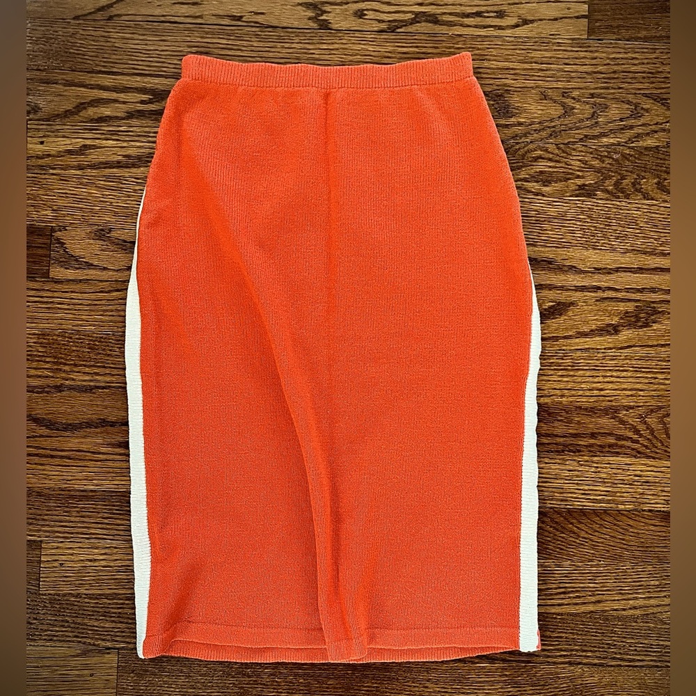 TRUE VINTAGE Orange 90s Y2K sweater knit skirt w athletic white stripes SMALL